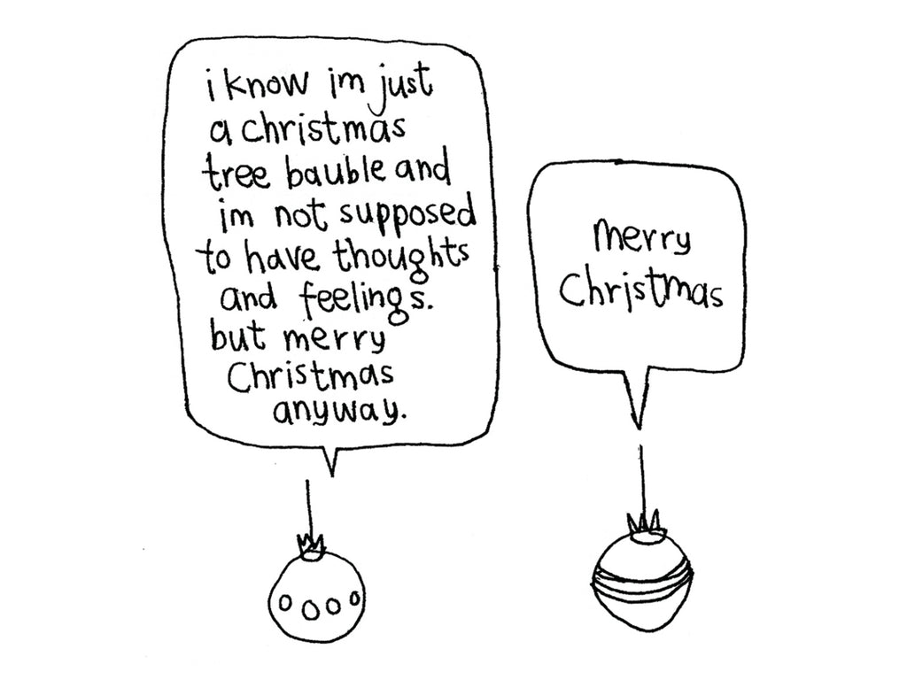 Illustration of two Christmas tree baubles with speech bubbles, one saying 'Merry Christmas' and the other expressing thoughts.